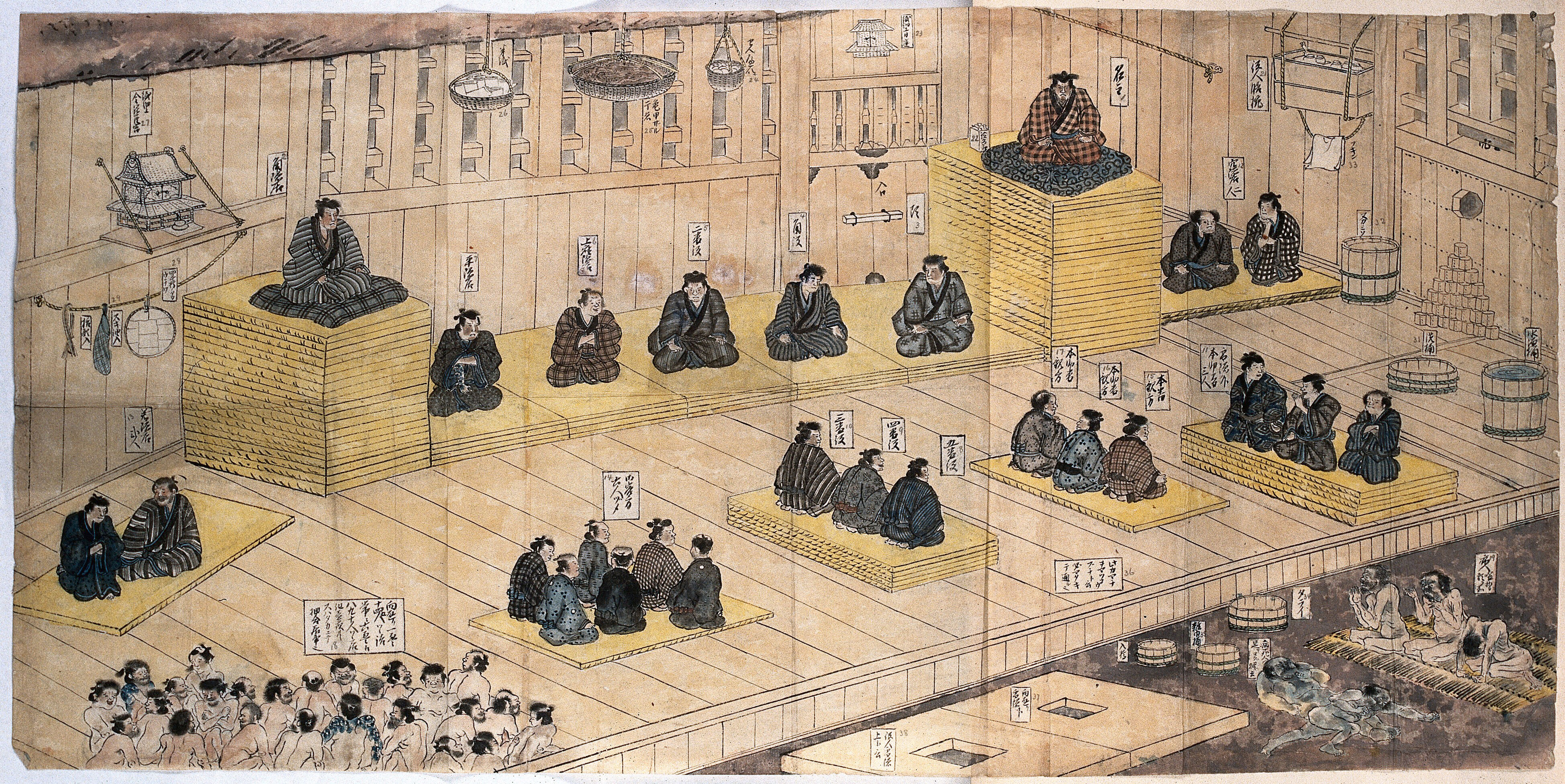 A Japanese prison. Gouache painting by a Japanese artist, ca. 1850