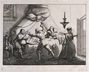 view Count Cenci, drugged in his bedroom, is being murdered by Olimpio Calvetti and Marzio da Fiorani; Beatrice is watching the scene while her stepmother is guarding the door. Etching, ca. 1850.