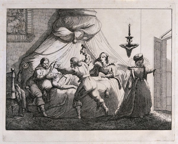 Count Cenci, drugged in his bedroom, is being murdered by Olimpio Calvetti and Marzio da Fiorani; Beatrice is watching the scene while her stepmother is guarding the door. Etching, ca. 1850.