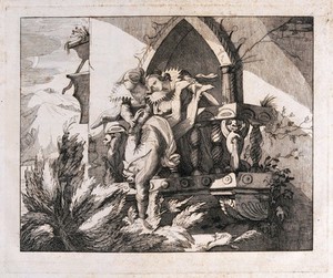 view Beatrice Cenci and her stepmother Lucrezia are throwing the body of the Count over the balcony. Etching, ca. 1850.