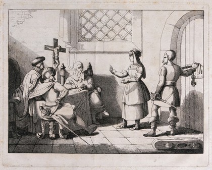 A laundry-maid is interrogated by two officials and an ecclesiastic about the death of Count Cenci. Etching, ca. 1850.