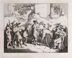 view Olimpio Calvetti, having escaped in disguise after the killing of Count Francesco Cenci, is recognized by friends of the Count. Etching, ca. 1850.