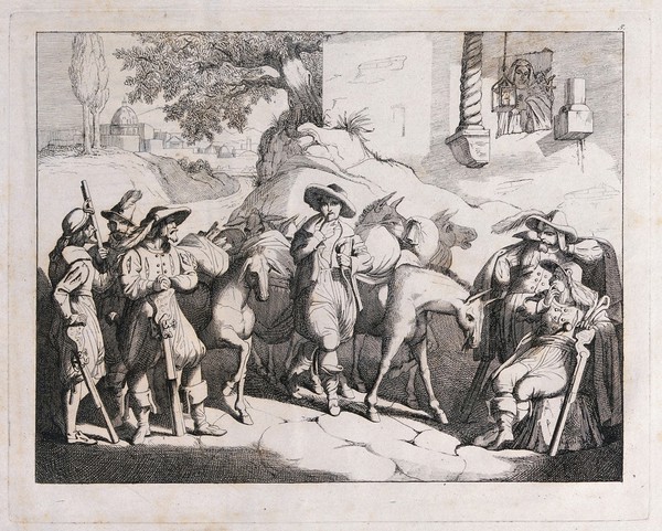 Olimpio Calvetti, having escaped in disguise after the killing of Count Francesco Cenci, is recognized by friends of the Count. Etching, ca. 1850.
