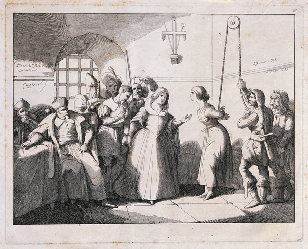 Beatrice Cenci, her stepmother Lucrezia, and one of her father's assassins are imprisoned and questioned by the papal authorities; Beatrice is tortured, and Lucrezia tries to persuade her to confess to the murder. Etching, ca. 1850.
