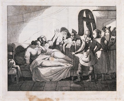 Beatrice Cenci and her stepmother, in bed in prison in Rome, hear their mandate of execution being read by a Papal envoy accompanied by members of a confraternity of Saint John the Baptist. Etching, ca. 1850.