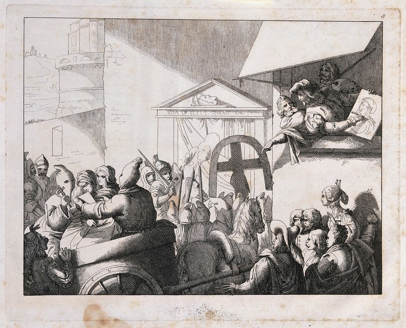 Beatrice Cenci and her stepmother are being driven away in