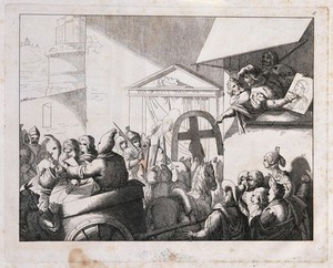 view Beatrice Cenci and her stepmother are being driven away in a cart to be executed; on the right, Guido Reni is sketching a portrait of Beatrice. Etching, ca. 1850.