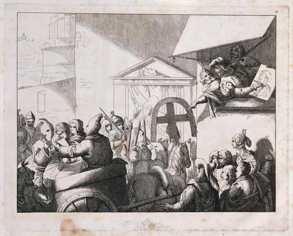 Beatrice Cenci and her stepmother are being driven away in a cart to be executed; on the right, Guido Reni is sketching a portrait of Beatrice. Etching, ca. 1850.