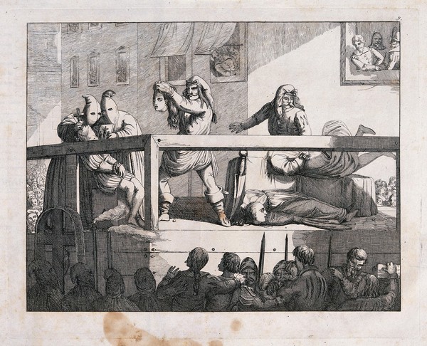 Lucrezia Cenci and  Beatrice Cenci are beheaded in Rome: an executioner holds up the head of Beatrice, whose brother faints at the sight. Etching, ca. 1850.