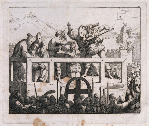 Giacomo Cenci is executed in Rome for the killing of his father Count Cenci, by being struck on the head with a mallet (mazzolatura). Etching, ca. 1850.