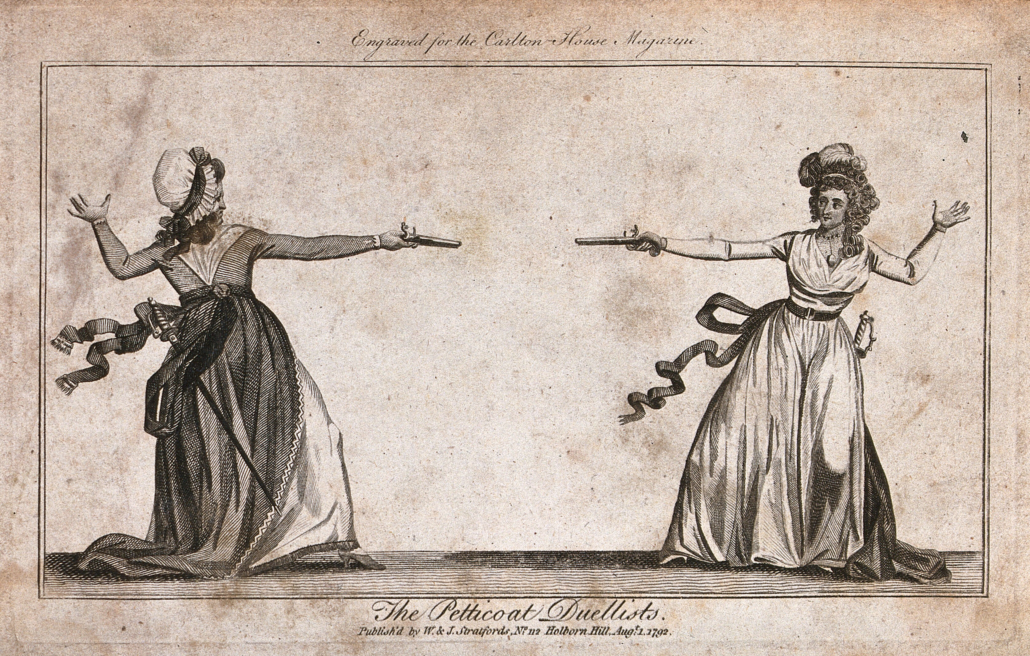 A lady and a woman of lower rank duelling with pistols. Engraving, 1
