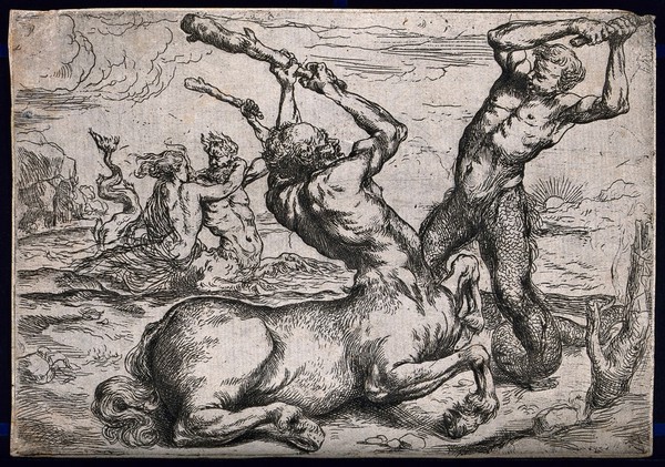 A centaur fighting a triton on a sea shore, while in the background another centaur is embraced by a nereid. Etching attributed to J. de Ribera.