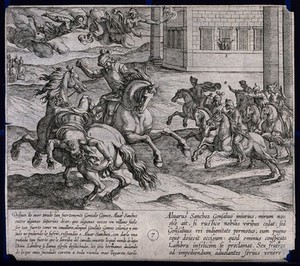 view A duel on horseback between Alvar Sánchez and Gonzalo Gomez, watched by Doña Lambra: Alvar Sánchez is killed. Etching by A. Tempesta after O. Vaenius.