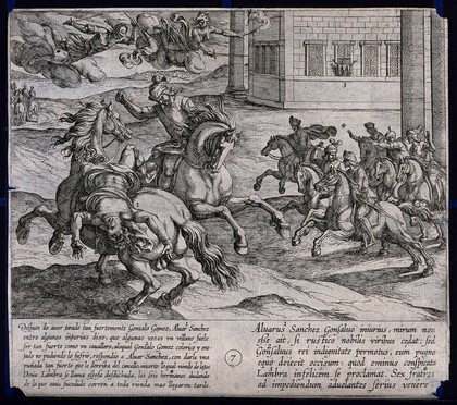 A duel on horseback between Alvar Sánchez and Gonzalo Gomez, watched by Doña Lambra: Alvar Sánchez is killed. Etching by A. Tempesta after O. Vaenius.