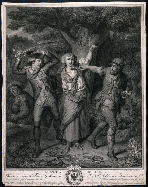 The sergeant Louis Gillet discovers a woman that had been tied to a tree by brigands and fights with the brigands to free her. Line engraving by J.G. Wille after P.A. Wille
