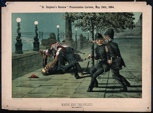 view A policeman (Granville George Leveson-Gower, 2nd Earl Granville) restrains another policeman (Gladstone) from interfering in a fight between the Mahdi and General Gordon next to Cleopatra's Needle on the River Thames. Colour lithograph by T. Merry, 1884.