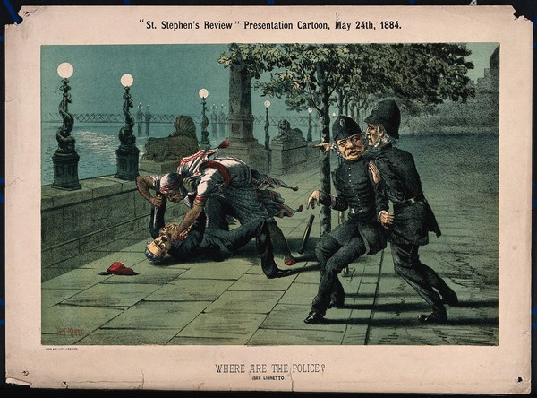 A policeman (Granville George Leveson-Gower, 2nd Earl Granville) restrains another policeman (Gladstone) from interfering in a fight between the Mahdi and General Gordon next to Cleopatra's Needle on the River Thames. Colour lithograph by T. Merry, 1884.