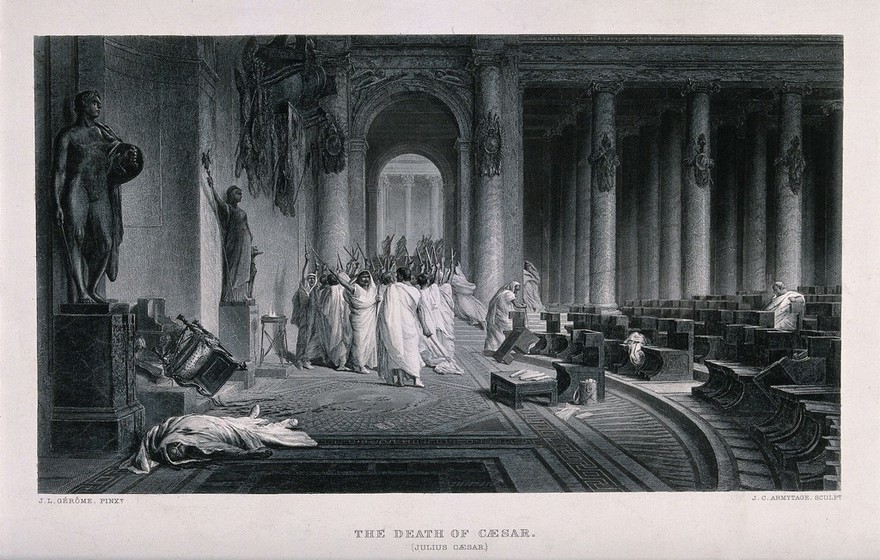 The death of Julius Caesar: Caesar is lying on the ground, assassinated by a group of senatorial conspirators led by Cassius Longinus and Marcus Iunius Brutus on the Ides of March. Engraving by J.C. Armytage after J.L. Gérome.