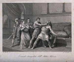 view The wrestler and gladiator Narcissus strangling the emperor Commodus. Engraving by G. Mochetti after B. Pinelli.