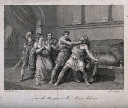 The wrestler and gladiator Narcissus strangling the emperor Commodus. Engraving by G. Mochetti after B. Pinelli.