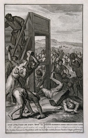 view The Israelites stoning a blasphemer. Engraving by A. de Blois after G. Hoet.