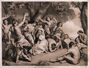 view Una is surrounded by fauns and satyrs in a forest. Lithograph by T.H. Maguire after W.E. Frost.