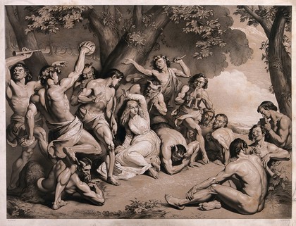 Una is surrounded by fauns and satyrs in a forest. Lithograph by T.H. Maguire after W.E. Frost.