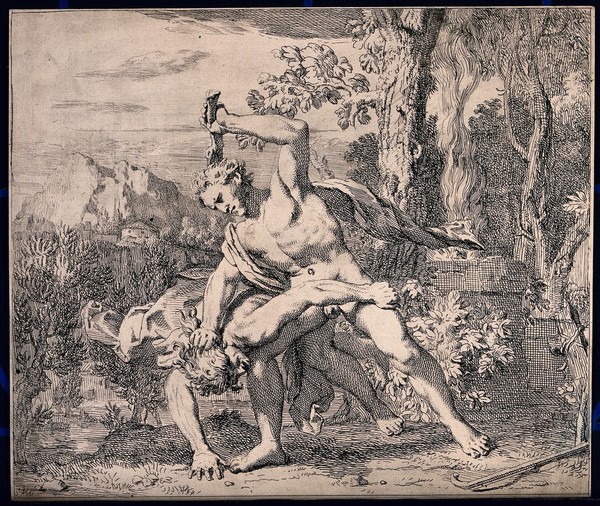 Cain killing Abel. Etching.