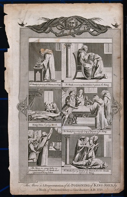 The poisoning of King John I at Swinsted Abbey in Lincolnshire in 1216. Line engraving by Smith.