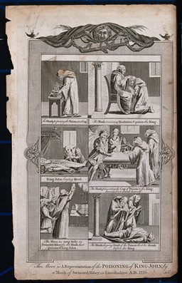 The poisoning of King John I at Swineshead Abbey in Lincolnshire in 1216. Line engraving by Smith.