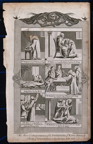 view The poisoning of King John I at Swineshead Abbey in Lincolnshire in 1216. Line engraving by Smith.