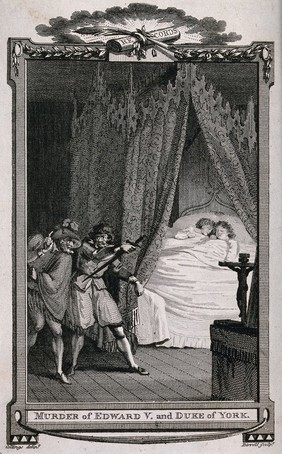 Edward V and the Duke of York are about to be murdered in their beds by two assassins. Line engraving by A. Birrell after S. Collings, ca. 1790.
