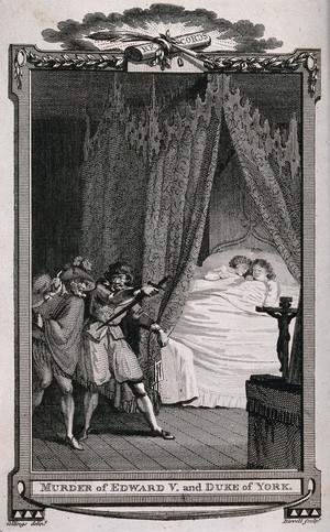 view Edward V and the Duke of York are about to be murdered in their beds by two assassins. Line engraving by A. Birrell after S. Collings, ca. 1790.