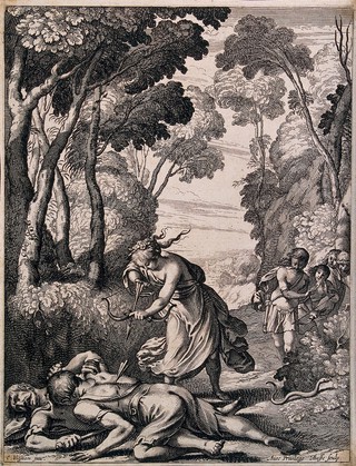 A fight between two Scythian bravos is ended when Ariane shoots both of them with a bow and arrows. Etching by A. Bosse after C. Vignon.