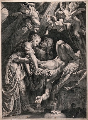 view Judith decapitating Holofernes with a sword. Line engraving by C. Galle after P.P. Rubens.