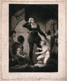 Prince Arthur, the grandson of King Henry II of England, clings to his guardian Hubert de Burgh, who is reluctant to allow the prince to be blinded and mutilated as ordered by King John. Mezzotint by T. Lupton after J. Northcote.