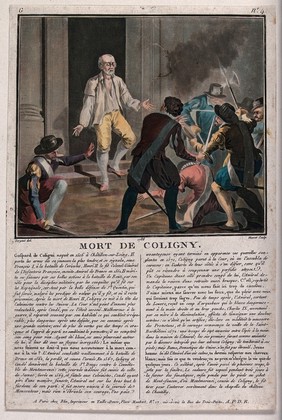 Massacre of Saint Bartholomew's Day: Gaspard de Coligny is stepping out of his house about to be killed by a marauding crowd. Coloured aquatint by J-B. Morret after A.L.F. Sergent.