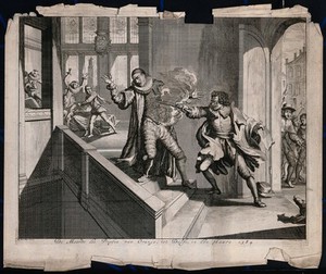 view William I, Prince of Orange is shot by the assassin Balthasar Gérard in the Prinsenhof at Delft in 1584. Etching by Jan Luyken after R. de Hooghe.