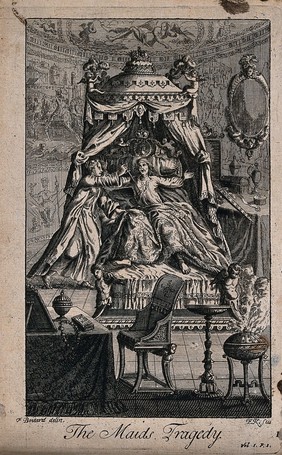 An episode in The maid's tragedy: Evadne kills the king in his bed in revenge for his having raped her. Etching by E. Kirkall after F. Boitard.
