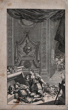 Juliet, kneeling between the bodies of Romeo and Paris in the burial crypt of the Capulets, is about to stab herself in the chest with a dagger while a group of torch-carrying soldiers arrives in the background. Etching.