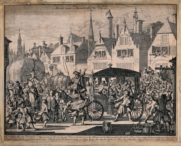 The assassination of Henry IV, King of France, 1610: a tumultuous scene on the streets of Paris, in which the King's coach is stuck in traffic and the assassin fatally wounds the King in his coach. Etching by J. and C. Luyken.