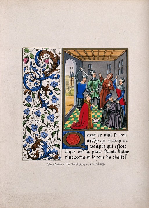 The murder of St. Thomas Becket in Canterbury Cathedral in 1170. Coloured engraving.