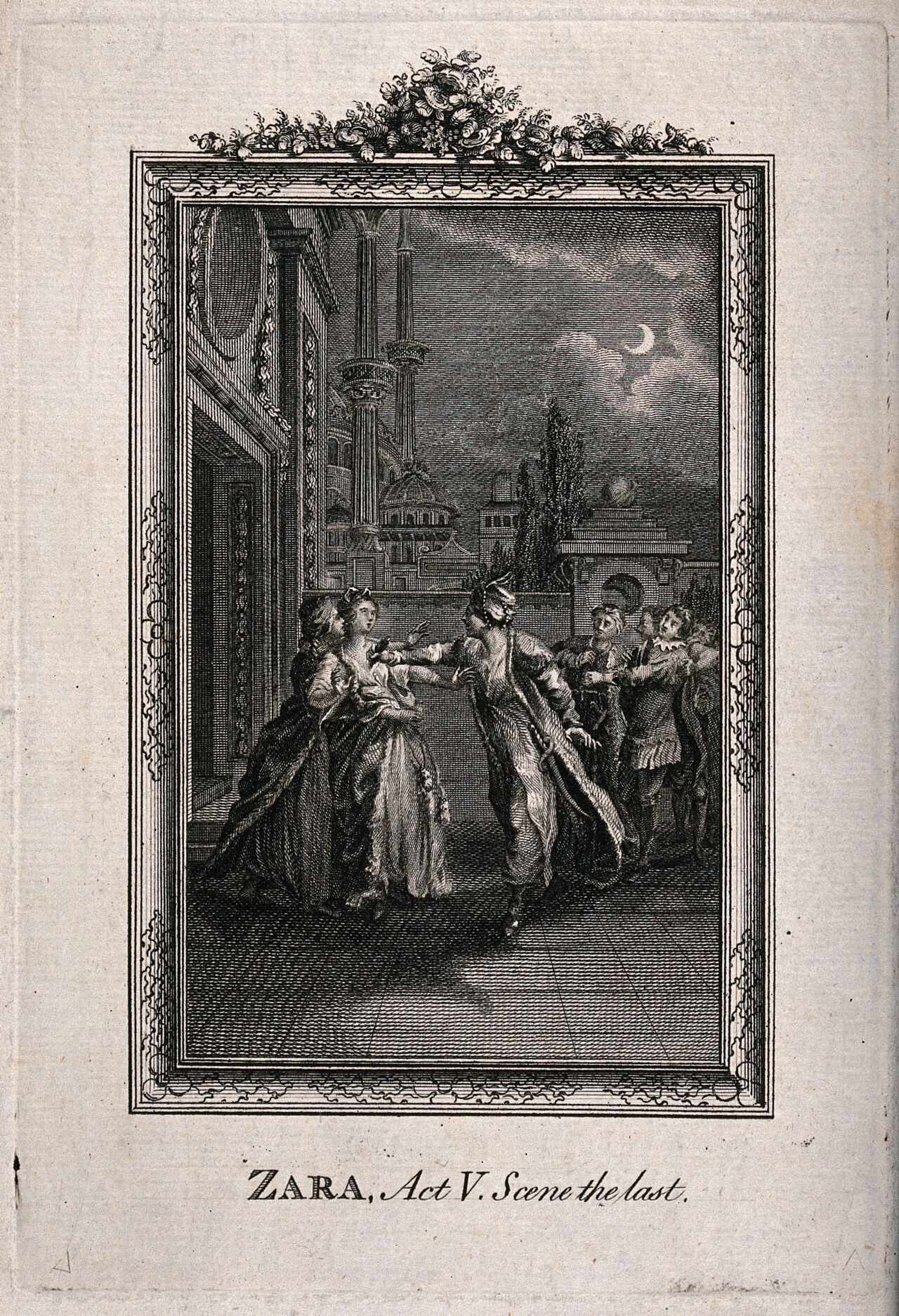 The Sultan stabs Zara in the chest: the finale of the play Zaire (Zara) by Voltaire. Etching., 1700-1799, by Voltaire