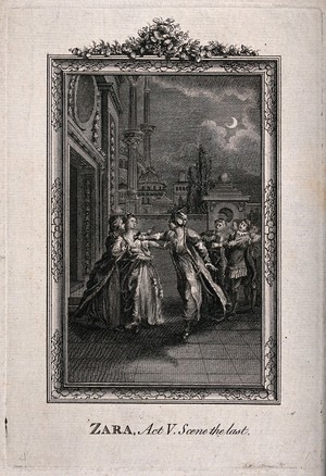 view The Sultan stabs Zara in the chest: the finale of the play Zaire (Zara) by Voltaire. Etching.