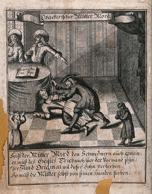 A young Anabaptist stabbing his mother. Etching.