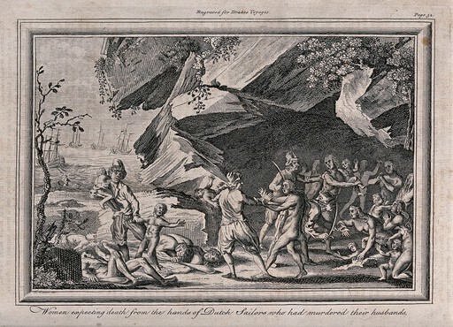 A group of naked women is resisting capture by Dutch sailors on an island coast. Engraving by T. Bonner.