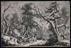 view A band of brigands robbing and killing men in a wild terrain. Etching by D.A. Fossati, 1743, after M. Ricci.