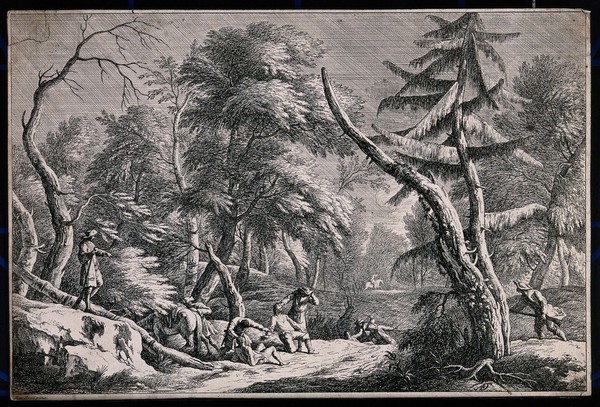 A band of brigands robbing and killing men in a wild terrain. Etching by D.A. Fossati, 1743, after M. Ricci.