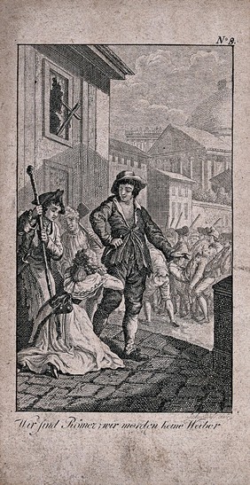 The widow of a murdered French envoy in Rome pleading for her life: a man tells her "We are Romans, we do not kill women". Etching after J.D. Schubert.