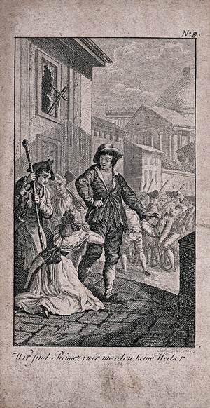 view The widow of a murdered French envoy in Rome pleading for her life: a man tells her "We are Romans, we do not kill women". Etching after J.D. Schubert.